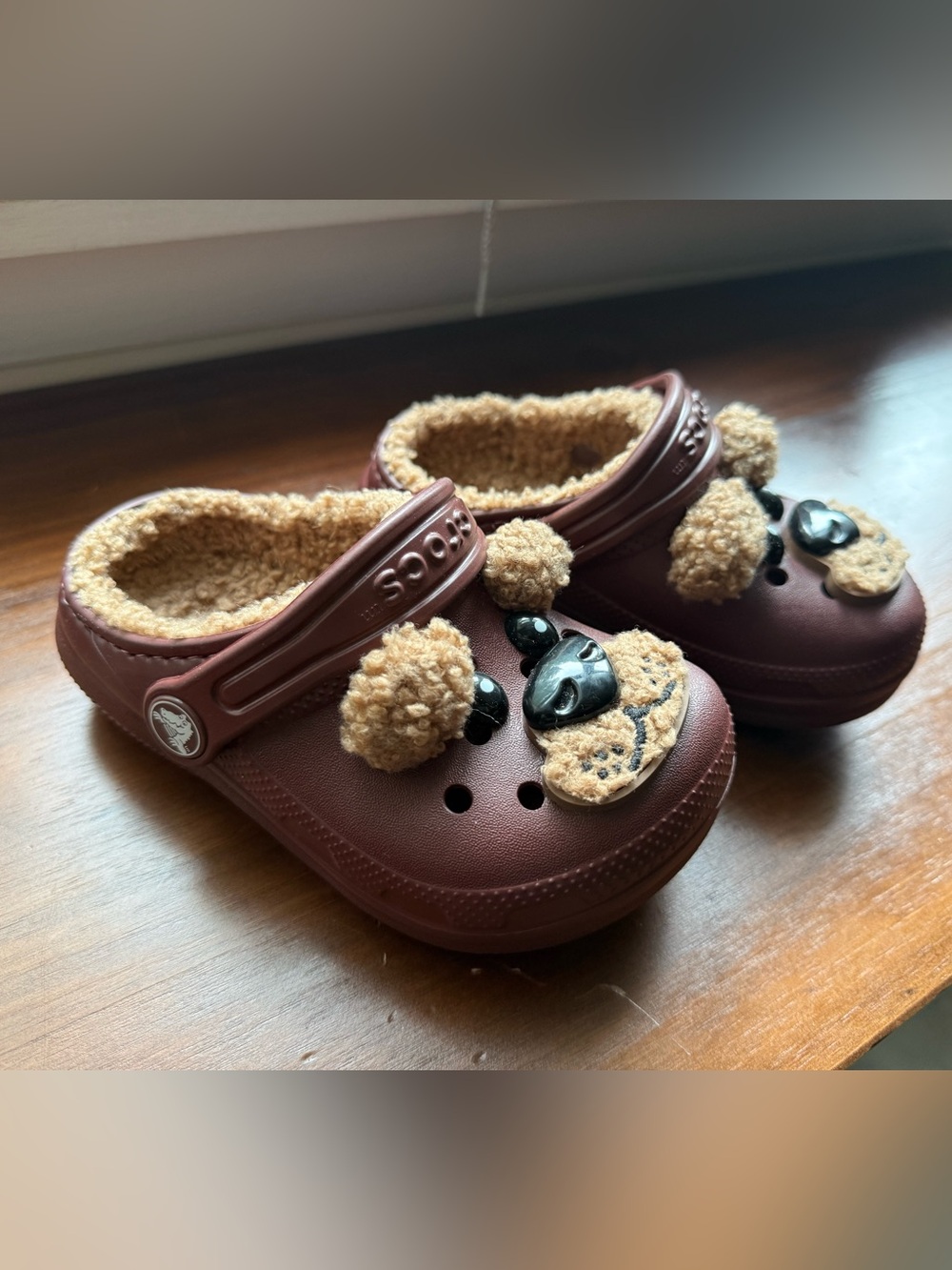 CROCS Kids Brown Fuzzy-Lined Clogs with Bear Charms